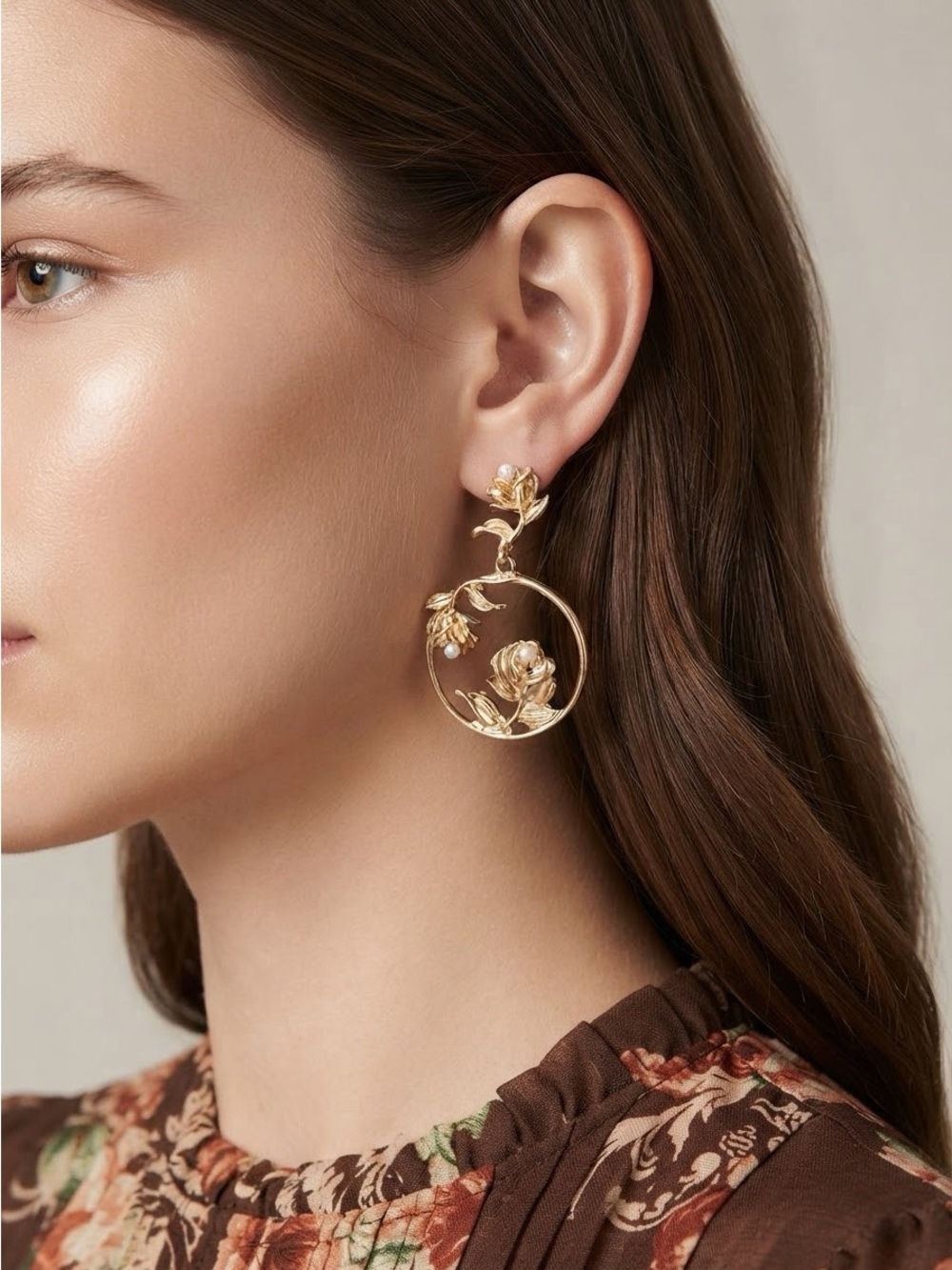 Vintage Style Rose Earrings | Gold Tone Floral Circle Pearl Accent Dangles